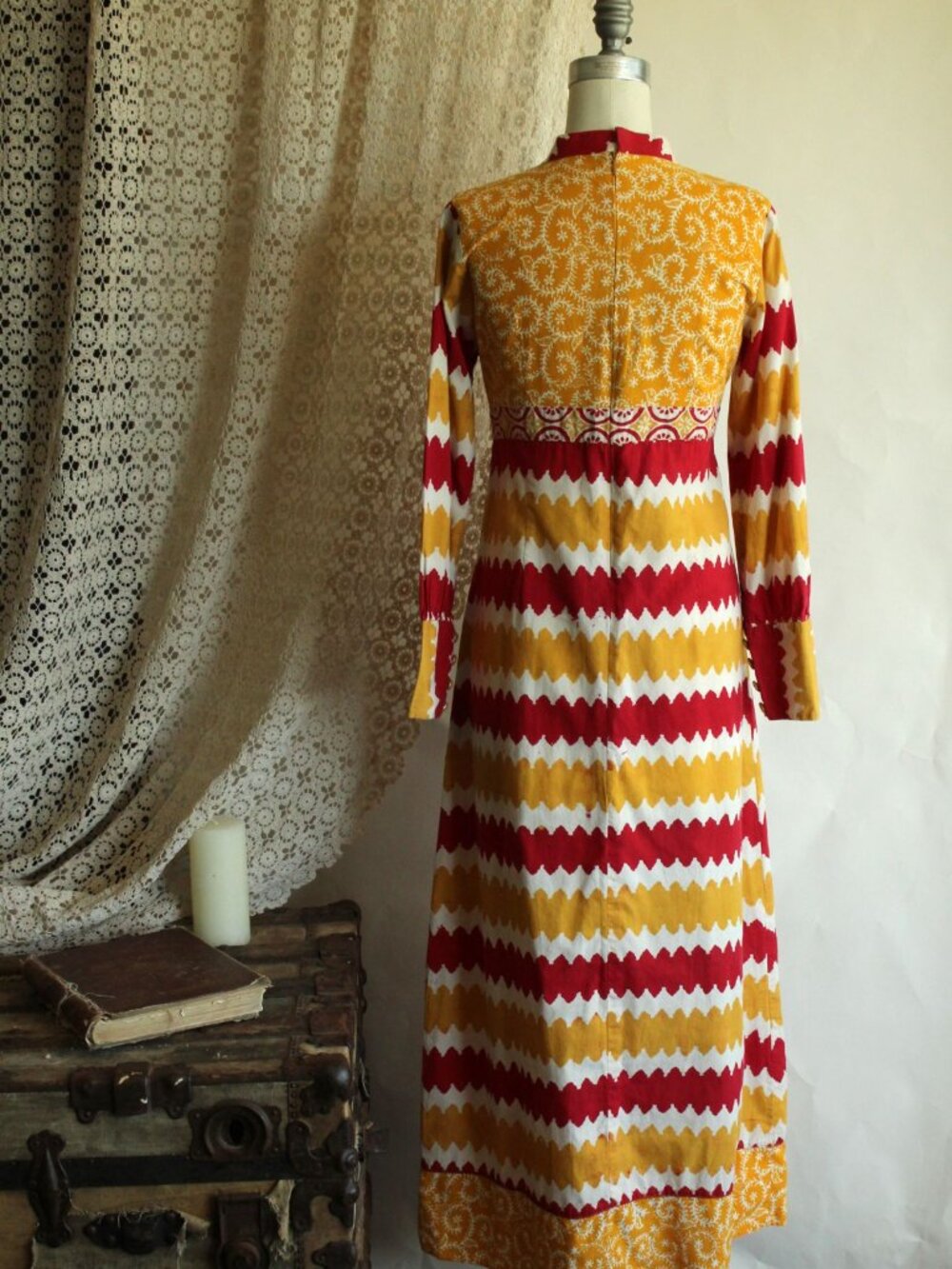 Vintage 1990s Y2K Maxi Dress, Red and Yellow Cotton 1960s Inspired Boho Full Len - Picture 14 of 14